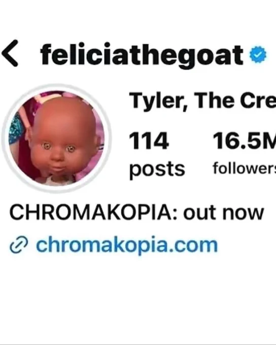 A verified Instagram profile of 'feliciathegoat,' showcasing a profile picture of a doll and promoting 'CHROMAKOPIA.' The profile has 114 posts and 16.5 million followers.