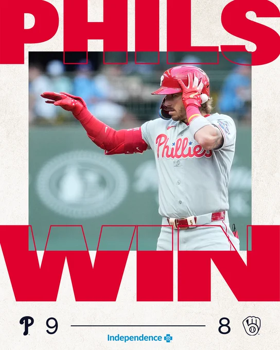 Final score graphic. Phillies 9, Brewers 8. Image shows Bryson Stott celebrating after hitting an RBI double.