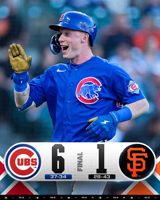 Final Score Graphic 6/13/26
Chicago Cubs 6 (37-34), San Francisco Giants 1 (28-43)
Pictured: Pete Crow-Armstrong raises his hand for a high five and smiles as he crosses home plate after hitting a home run. He wears a blue Cubs jersey with red, blue and white lettering and a blue batting helmet.