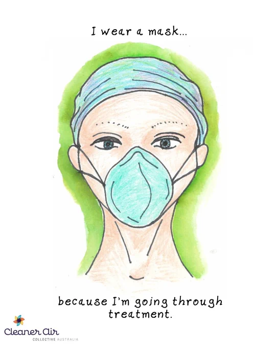 Alt text: Person wearing an aqua mask, with a green background. Text: I wear a mask... because I'm going through treatment - Cleaner Air Collective Australia