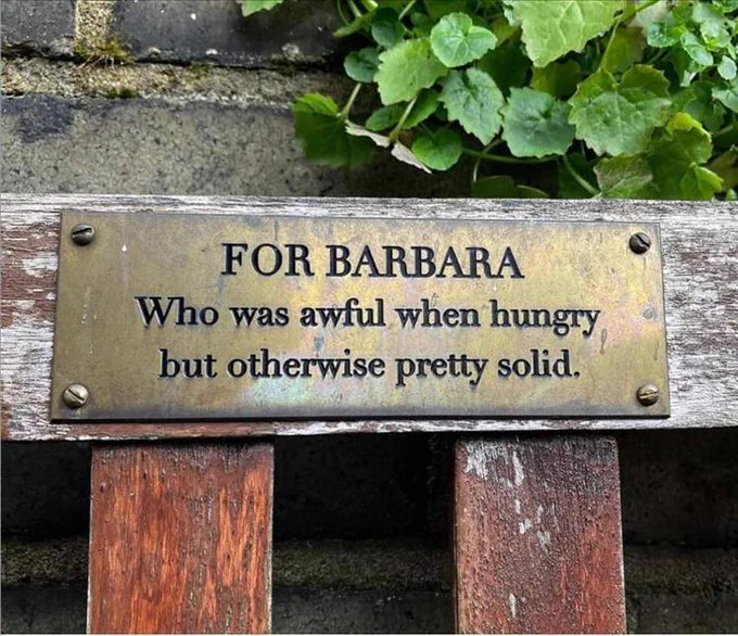 Park bench plaque that says "For Barbara, who was awful when hungry but otherwise pretty solid."
