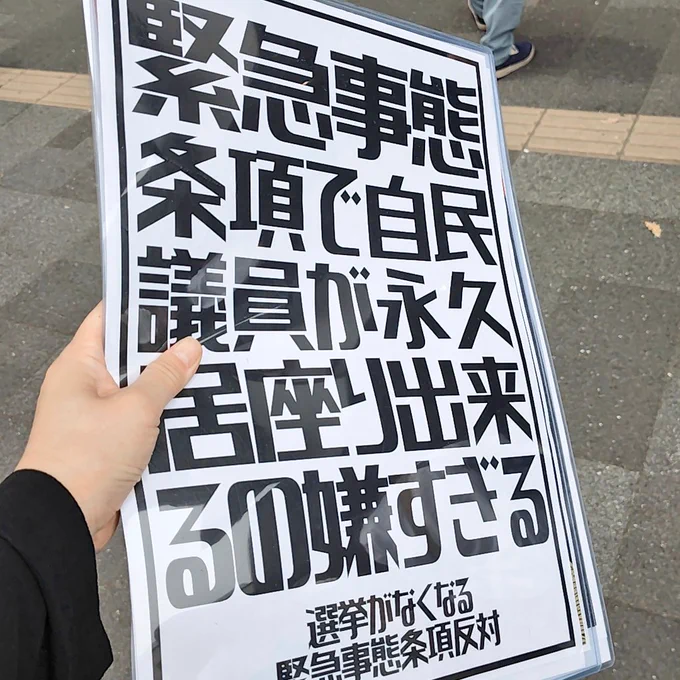 緊急事態条項で自民議員が永久居座りできるの嫌すぎるプラカの写真