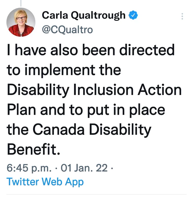 Qualtrough 2022 tweet: directed to put in place the CDB