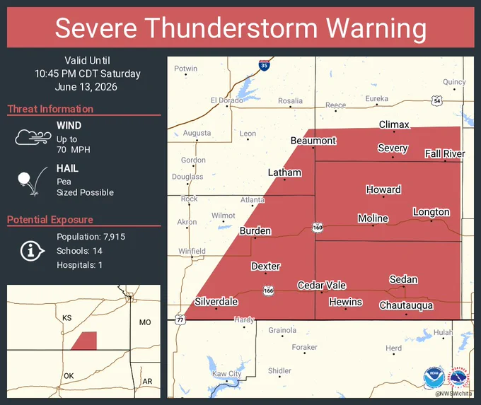This graphic displays a severe thunderstorm warning plotted on a map. The warning is in effect until 10:45 PM CDT. The warning includes Sedan KS, Howard KS and Cedar Vale KS.  This warning is for Elk, Eastern Cowley, Southeastern Butler, Chautauqua and Southern Greenwood Counties. The threats associated with this warning are wind gusts up to 70 MPH and pea sized hail. There are 7,915 people in the warning along with 14 schools and 1 hospital.