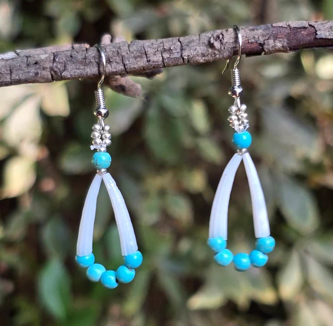 earrings made with 2 white dentalium shells each, turquoise stone beads, silver beads, silver ear wires, background of natural wood and greenery 