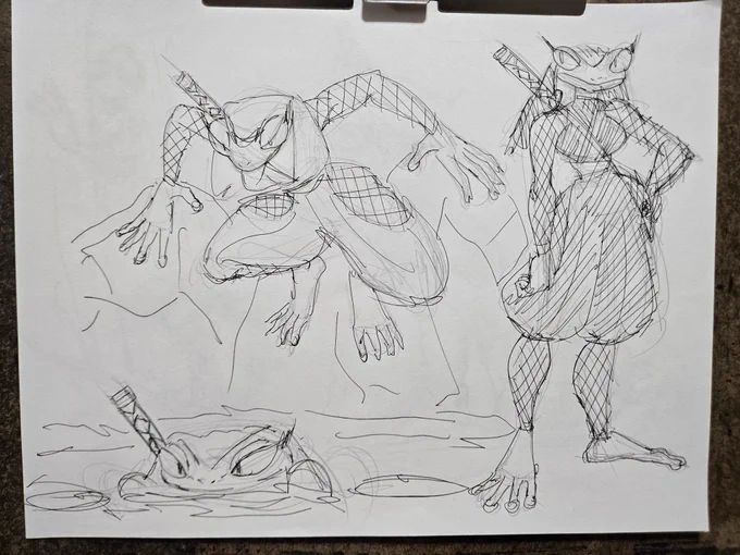 Fullbody sketches of a frog ninja. One of her standing one of her clinging to rocks and another of her emerging from water.