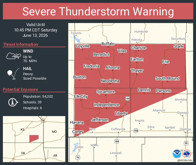 This graphic displays a severe thunderstorm warning plotted on a map. The warning is in effect until 10:45 PM CDT. The warning includes Parsons KS, Independence KS and Chanute KS.  This warning is for Wilson, Northern Labette, Neosho and Montgomery Counties. The threats associated with this warning are wind gusts up to 70 MPH and penny sized hail. There are 54,202 people in the warning along with 39 schools and 6 hospitals.