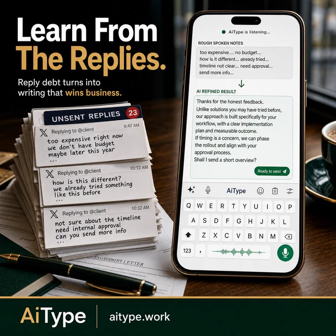 Close-up of a cafe desk with documents, pen, and phone displaying AiType keyboard. On screen, rough voice notes turn into polished client update text above the keyboard. A stack of unsent X replies is visible, showing reply backlog. The headline reads 'Rough Thought. Clean Text.' in deep green and gold tones.