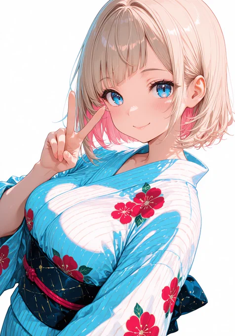 青い浴衣を着た金髪ピンクの少女がピースサインをしながら微笑むイラスト。