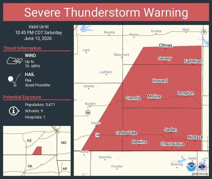 This graphic displays a severe thunderstorm warning plotted on a map. The warning is in effect until 10:45 PM CDT. The warning includes Sedan KS, Howard KS and Cedar Vale KS.  This warning is for Southeastern Butler County Is Cancelled. The threats associated with this warning are wind gusts up to 70 MPH and pea sized hail. There are 5,471 people in the warning along with 9 schools and 1 hospital.