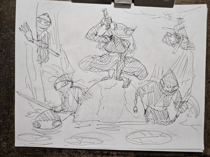 A scene of a whole group of frog ninjas with weapons.