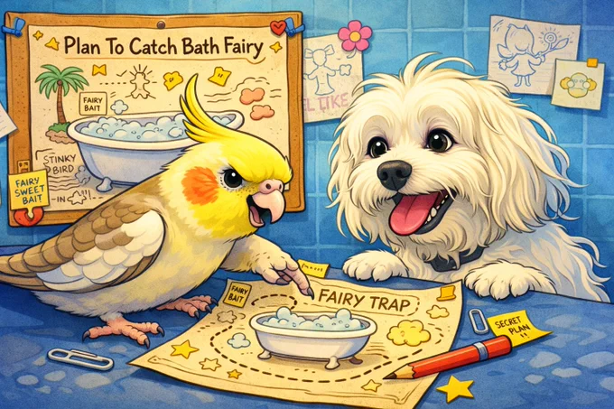 Playful cartoon‑style drawing of Rocket and Syd plotting their Bamboozle The Bath Fairy Plan
with a blackboard and map showing the steps they plan to follow. Created with Microsoft Pilot using prompts by the hoo best fren and photos of Rocket & Syd.