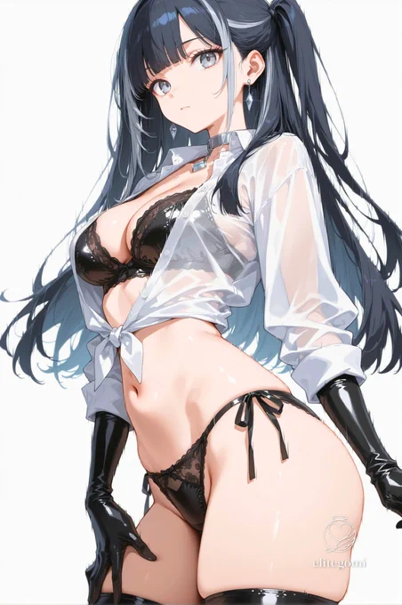 (black patent leather bra),trim,
open sheer white shirt, sheer fabric,front-tied shirt ,
(black tulle panties),side-tie,
cleavage, thighs,
silver metal choker, black stone drop earrings,
BREAK
black leather gloves,
black thighhighs,