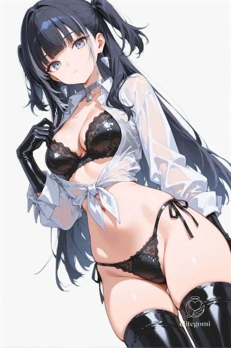 (black patent leather bra),trim,
open sheer white shirt, sheer fabric,front-tied shirt ,
(black tulle panties),side-tie,
cleavage, thighs,
silver metal choker, black stone drop earrings,
BREAK
black leather gloves,
black thighhighs,