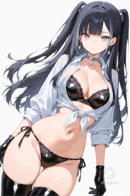 (black patent leather bra),trim,
open sheer white shirt, sheer fabric,front-tied shirt ,
(black tulle panties),side-tie,
cleavage, thighs,
silver metal choker, black stone drop earrings,
BREAK
black leather gloves,
black thighhighs,