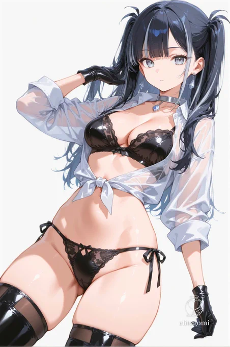 (black patent leather bra),trim,
open sheer white shirt, sheer fabric,front-tied shirt ,
(black tulle panties),side-tie,
cleavage, thighs,
silver metal choker, black stone drop earrings,
BREAK
black leather gloves,
black thighhighs,