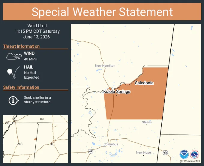 This graphic displays a special weather statement plotted on a map. The statement is in effect until 11:15 PM CDT.  The statement includes Caledonia MS and  Kolola Springs MS.  A STRONG THUNDERSTORM WILL IMPACT NORTHEASTERN LOWNDES COUNTY THROUGH 1115 PM CDT. The threats associated with this storm are wind gusts up to 40 MPH and no hail is expected. Seek shelter in a sturdy structure until the storm passes.