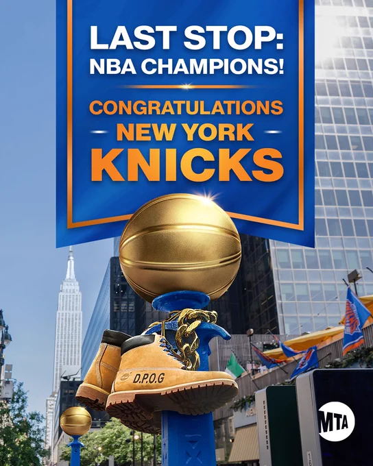 A subway station globe painted gold with a pair of Timberlands hanging from it. A banner above the image says "Last stop: NBA Champions! Congratulations New York Knocks" 