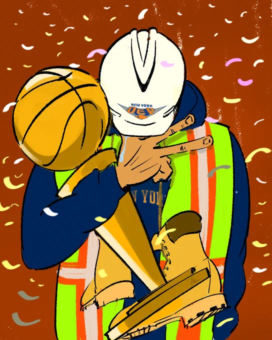 An illustration of a DEP worker wearing a hard hat and safety vest, holding a basketball trophy amid falling confetti.