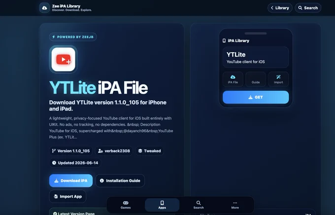 YTLite iPA File
Download YTLite version 1.1.0_105 for iPhone and iPad.

A lightweight, privacy-focused YouTube client for iOS built entirely with UIKit. No ads, no tracking, no dependencies.

https://ipa.zeejb.com/ipa.php?app=YTLite&id=5358

#Youtube #lite #jailbreak #Tweak #iPA