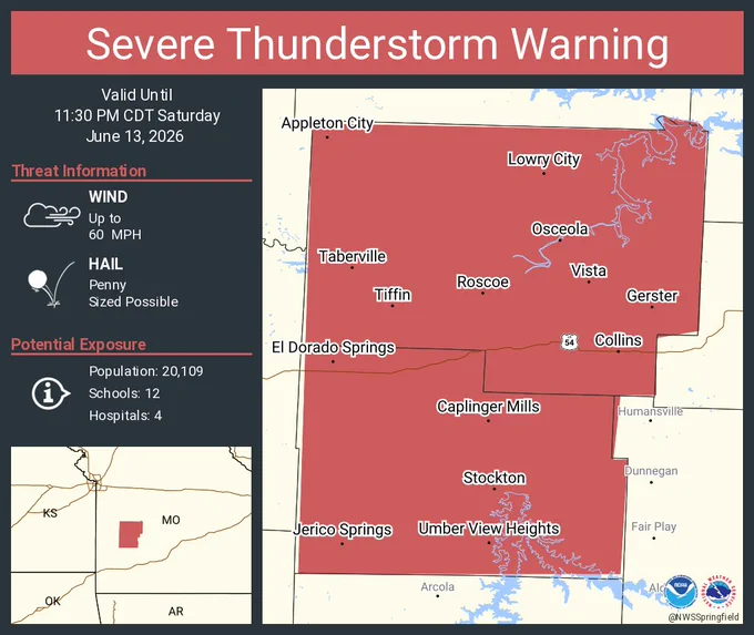 This graphic displays a severe thunderstorm warning plotted on a map. The warning is in effect until 11:30 PM CDT. The warning includes El Dorado Springs MO, Stockton MO and Appleton City MO.  This warning is for Cedar County in southwestern Missouri and St. Clair County in west central Missouri. The threats associated with this warning are wind gusts up to 60 MPH and penny sized hail. There are 20,109 people in the warning along with 12 schools and 4 hospitals.