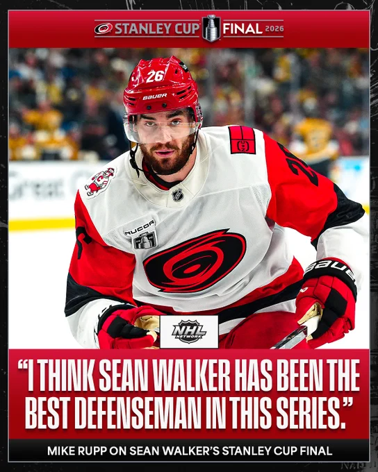 Top: Sean Walker on the ice in a Carolina Hurricanes uniform.\n\nBottom: Quote from Mike Rupp saying, \"I think Sean Walker has been the best defenseman in this series.\"