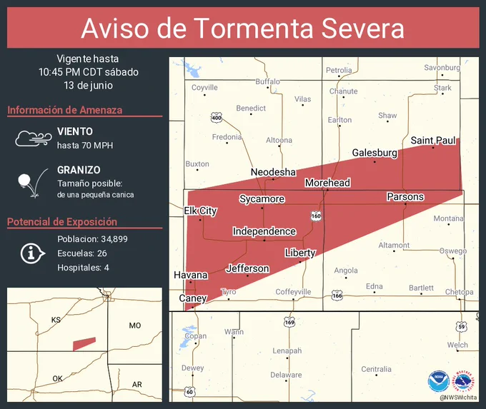 Este gráfico muestra la localización en el mapa de un aviso de tormenta severa. El aviso estará en efecto hasta las 10:45 PM CDT. El aviso incluye a Parsons KS, Independence KS, Neodesha KS. El aviso incluye el sureste de Wilson, el norte de Labette, el sur de Neosho y Montgomery Counties. Las amenazas asociadas a este aviso son: ráfagas de viento de 70 MPH y granizo del tamaño de una pequeña canica. Hay 34,899 personas bajo este aviso incluyendo 26 escuelas y 4 hospitales.