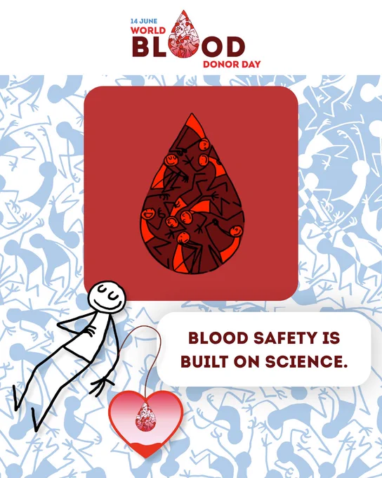 Illustration for World Blood Donor Day showing a large blood drop filled with figures, a person donating blood and the text blood safety is built on science.