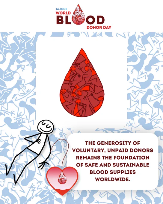 Text that reads 14 June World Blood Donor Day and, the generosity of voluntary, unpaid donors remains the foundation of safe and sustainable blood supplies worldwide. Illustration is that for World Blood Donor Day showing a blood drop with figures, a person donating blood.