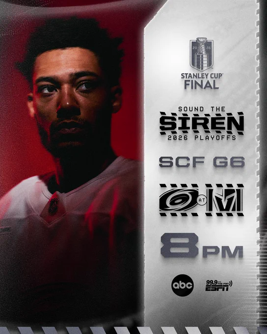 Graphic promoting tonight's game information featuring K'Andre Miller 

SCF Game 6 | Canes at Knights | 8 PM 
Tune in - abc, 99.9 The Fan