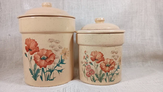 Treasure Craft Wild Flowers Canister Set. Beautiful Orange Wild  Poppies, yellow Daisies and delicate Queen Ann's Lace on beige speckled mat glaze.