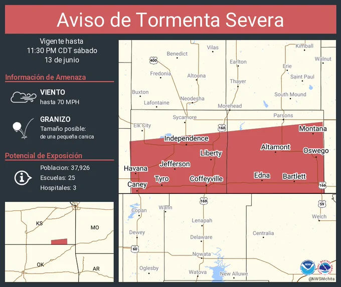Este gráfico muestra la localización en el mapa de un aviso de tormenta severa. El aviso estará en efecto hasta las 11:30 PM CDT. El aviso incluye a Coffeyville KS, Independence KS, Cherryvale KS. El aviso incluye Labette y Montgomery Counties. Las amenazas asociadas a este aviso son: ráfagas de viento de 70 MPH y granizo del tamaño de una pequeña canica. Hay 37,926 personas bajo este aviso incluyendo 25 escuelas y 3 hospitales.