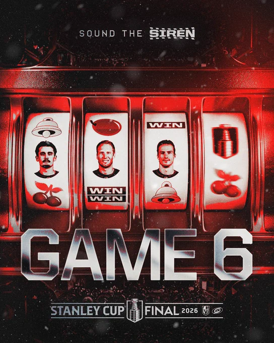 Hype graphic promoting Game 6 of the SCF with a slot machine with Seth Jarvis, Jordan Staal, Andrei Svechnikov, and The Stanley Cup.