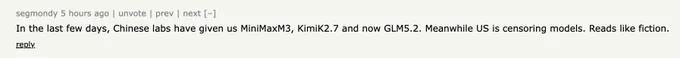 In the last few days, Chinese labs have given us MiniMaxM3, KimiK2.7 and now GLM5.2. Meanwhile US is censoring models. Reads like fiction.