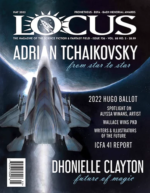 locus magazine cover -- large spaceship taking off