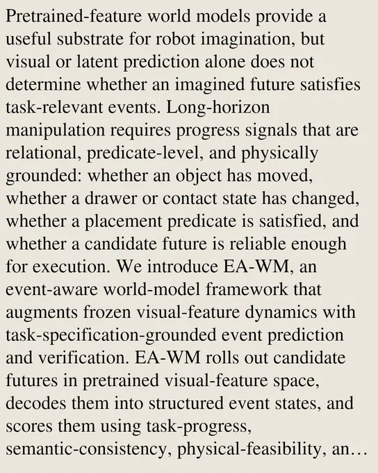 Pretrained-feature world models provide a useful substrate for robot imagination, but visual or latent prediction alone does not determine whether an imagined future satisfies task-relevant events. Long-horizon manipulation requires progress signals that are relational, predicate-level, and physically grounded: whether an object has moved, whether a drawer or contact state has changed, whether a placement predicate is satisfied, and whether a candidate future is reliable enough for execution. We introduce EA-WM, an event-aware world-model framework that augments frozen visual-feature dynamics with task-specification-grounded event prediction and verification. EA-WM rolls out candidate futures in pretrained visual-feature space, decodes them into structured event states, and scores them using task-progress, semantic-consistency, physical-feasibility, and uncertainty terms. The verifier guides sampling-based planning, gates candidate actions, and, in the contact-sensitive LIBERO wine-rac