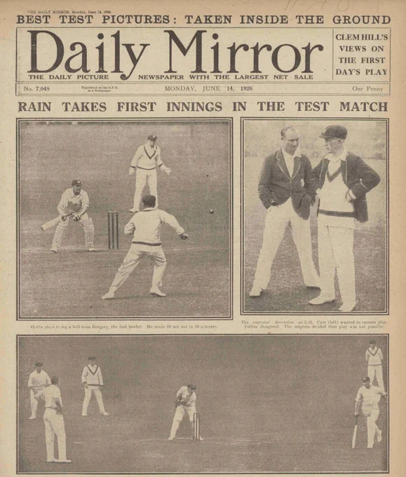 Front page of the Daily Mirror dated June 14, 1928. The headline reads, "Rain Takes First Innings in the Test Match." The page features several black and white photos of a cricket match, with players bowling, batting, and walking on the field. The page also includes captions describing the match events.