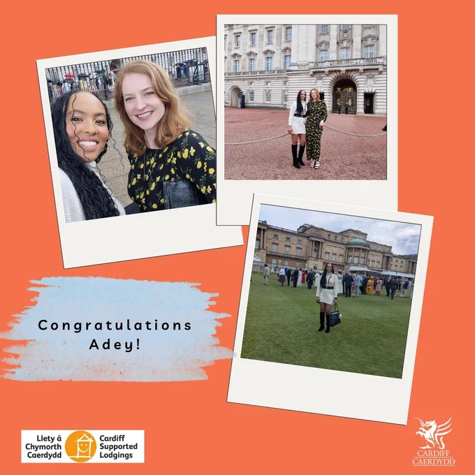 Three photos of women at Buckingham Palace, with a congratulatory message for Adey.