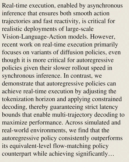 Real-time execution, enabled by asynchronous inference that ensures both smooth action trajectories and fast reactivity, is critical for realistic deployments of large-scale Vision-Language-Action models. However, recent work on real-time execution primarily focuses on variants of diffusion policies, even though it is more critical for autoregressive policies given their slower rollout speed in synchronous inference. In contrast, we demonstrate that autoregressive policies can achieve real-time execution by adjusting the tokenization horizon and applying constrained decoding, thereby guaranteeing strict latency bounds that enable multi-trajectory decoding to maximize performance. Across simulated and real-world environments, we find that the autoregressive policy consistently outperforms its equivalent-level flow-matching policy counterpart while achieving significantly improved task completion speeds from synchronous inference. Coupled with the inherent advantages of autoregressive po