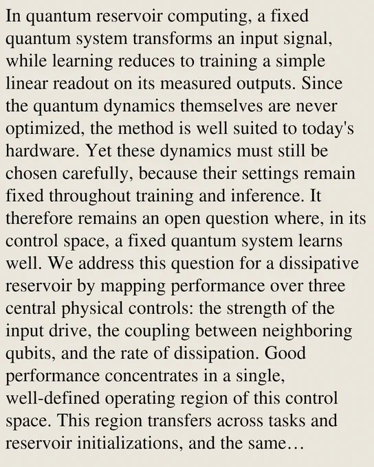In quantum reservoir computing, a fixed quantum system transforms an input signal, while learning reduces to training a simple linear readout on its measured outputs. Since the quantum dynamics themselves are never optimized, the method is well suited to today's hardware. Yet these dynamics must still be chosen carefully, because their settings remain fixed throughout training and inference. It therefore remains an open question where, in its control space, a fixed quantum system learns well. We address this question for a dissipative reservoir by mapping performance over three central physical controls: the strength of the input drive, the coupling between neighboring qubits, and the rate of dissipation. Good performance concentrates in a single, well-defined operating region of this control space. This region transfers across tasks and reservoir initializations, and the same memory-defined regime persists under architectural changes. It is also mechanistically grounded, since it disa