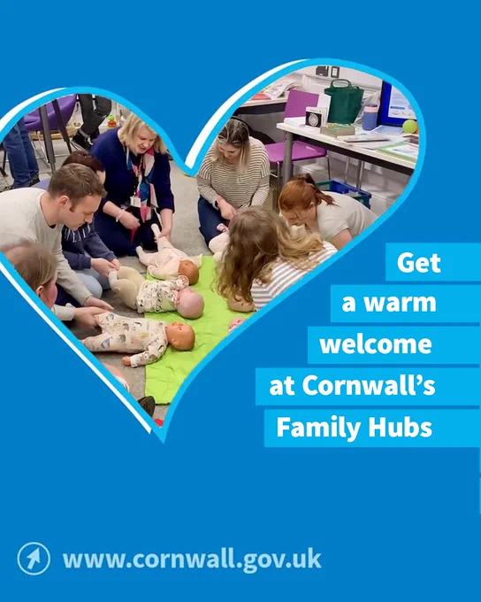 Adults attending a baby care class at Cornwall's Family Hubs. Text reads 'Get a warm welcome'.