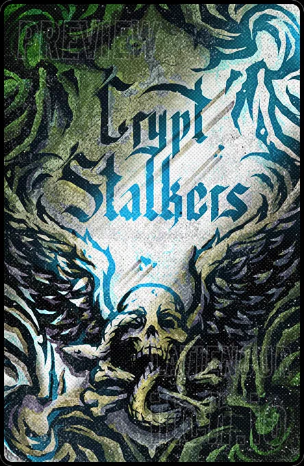 Crypt Stalkers card back design. A tombstone with gothic letters reading 'Crypt Stalkers'. Below, a winged skull with a serpent entering its mouth and exiting through its eye socket. A slanted ray of light falls across half the skull. Dark fantasy, grim dark aesthetic.