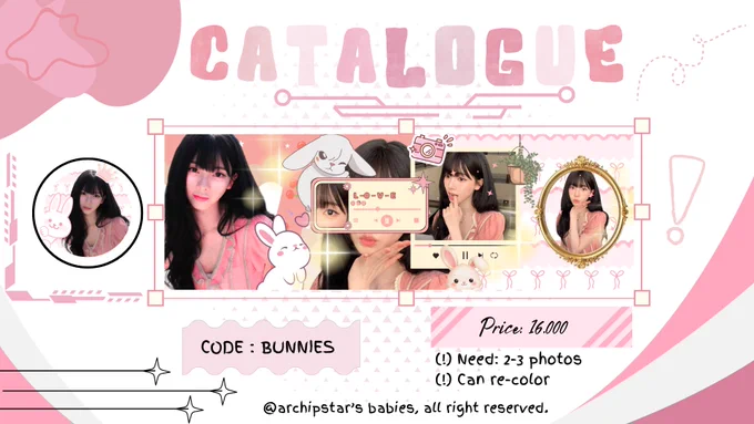 KARINA ⌜ 𝐁𝐔𝐍𝐍𝐈𝐄𝐒 ⌟

• available in PNG only
• free re-color 
• free revisi kecil max. 2 kali (only the elements, not the photos)

💸: 16.000 IDR
Can payment with QRIS 

n) please @ after DM yyupp.

Selamat berbelanja! 🛒