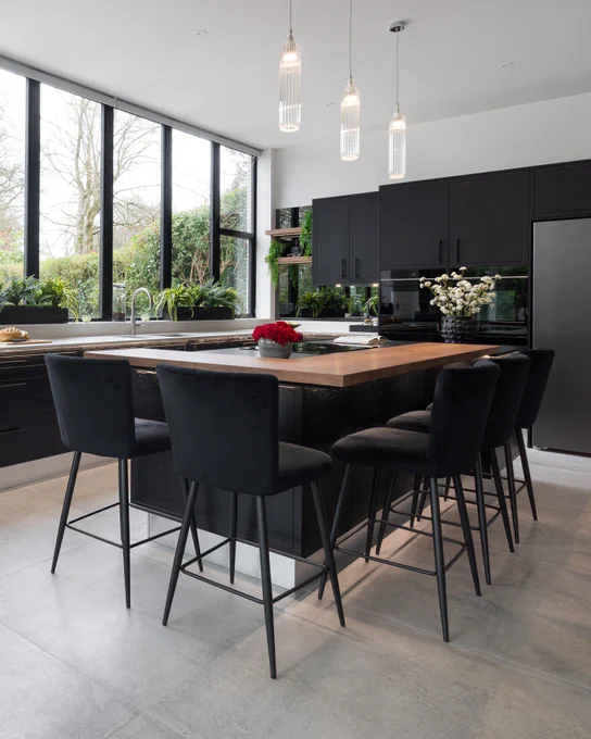 black Stoneham kitchen with island and wooden breakfast bar