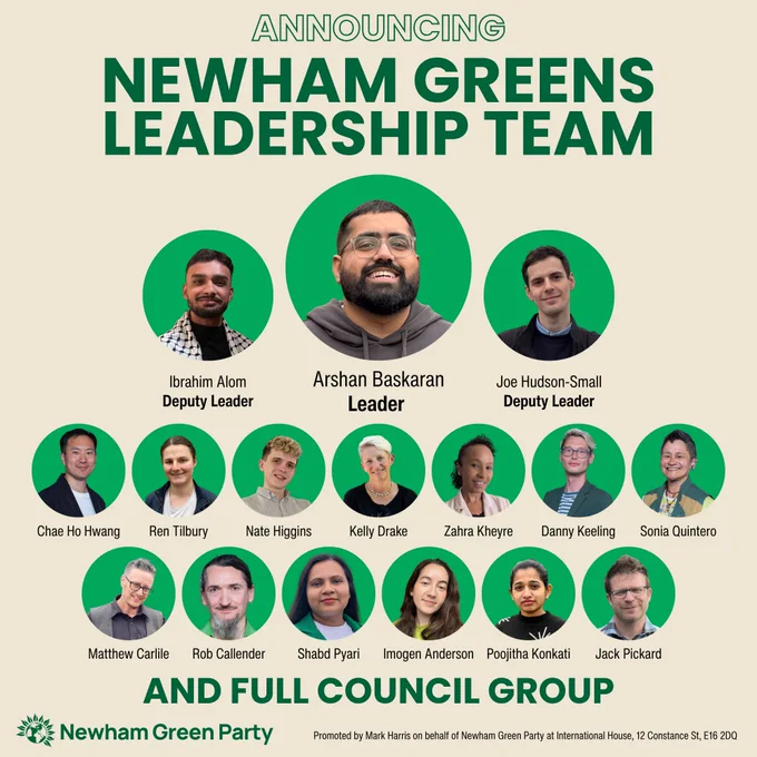 Announcing Newham Green's Leadership Team:
Arshan Baskaran (Leader), Ibrahim Alom and Joe Hudson-Small (Deputy Leaders)