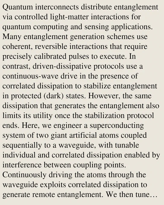 Quantum interconnects distribute entanglement via controlled light-matter interactions for quantum computing and sensing applications. Many entanglement generation schemes use coherent, reversible interactions that require precisely calibrated pulses to execute. In contrast, driven-dissipative protocols use a continuous-wave drive in the presence of correlated dissipation to stabilize entanglement in protected (dark) states. However, the same dissipation that generates the entanglement also limits its utility once the stabilization protocol ends. Here, we engineer a superconducting system of two giant artificial atoms coupled sequentially to a waveguide, with tunable individual and correlated dissipation enabled by interference between coupling points. Continuously driving the atoms through the waveguide exploits correlated dissipation to generate remote entanglement. We then tune the qubit frequencies in situ to suppress individual dissipation and thereby preserve the entanglement, ac