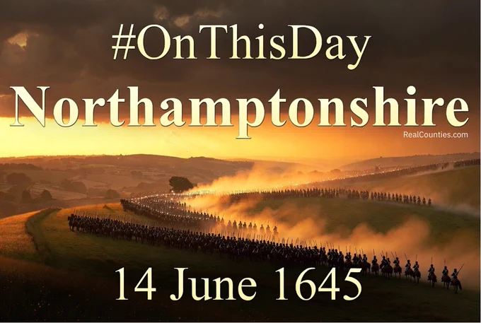 Graphic portraying the Battle of Naseby, which happened on this day (14 June) in Northamptonshire, 1645 - from RealCounties.com