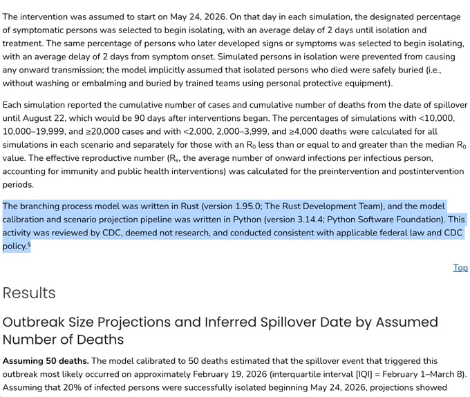 Image: CDC’s 2026 Bundibugyo Ebola outbreak projections were modeled using a branching process simulator written in Rust 1.95, paired with a Python pipeline, showcasing Rust’s growing role in high-stakes epidemiological modeling.


#rustlang #rust
