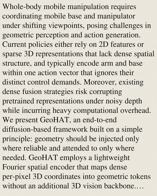 Whole-body mobile manipulation requires coordinating mobile base and manipulator under shifting viewpoints, posing challenges in geometric perception and action generation. Current policies either rely on 2D features or sparse 3D representations that lack dense spatial structure, and typically encode arm and base within one action vector that ignores their distinct control demands. Moreover, existing dense fusion strategies risk corrupting pretrained representations under noisy depth while incurring heavy computational overhead. We present GeoHAT, an end-to-end diffusion-based framework built on a simple principle: geometry should be injected only where reliable and attended to only where needed. GeoHAT employs a lightweight Fourier spatial encoder that maps dense per-pixel 3D coordinates into geometric tokens without an additional 3D vision backbone. These tokens are then selectively injected into vision foundation model features through per-token gated fusion modulated by depth valid