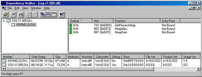 Screenshot of Dependency Walker running on Windows 98 displaying the new Shuusou Gyoku game logic DLL and showing off its minimal imports of GetProcessHeap(), HeapAlloc(), and HeapFree().